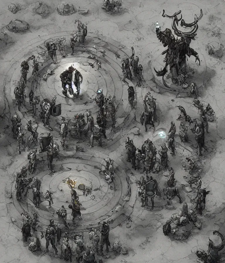 Image similar to a cowboy druid snake oil salesman standing in a circle at the bull run at the beginning of the world by peter mohrbacher and james jean