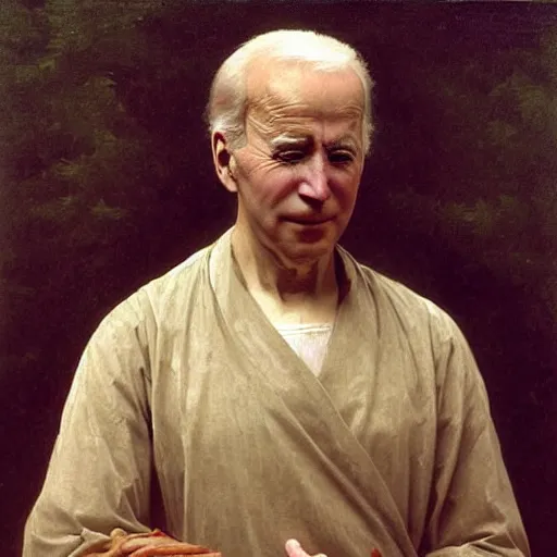 Prompt: “painting or joe Biden. Very old. Sad, wrinkly, very bony. Art by William Adolphe bouguereau. Award winning”