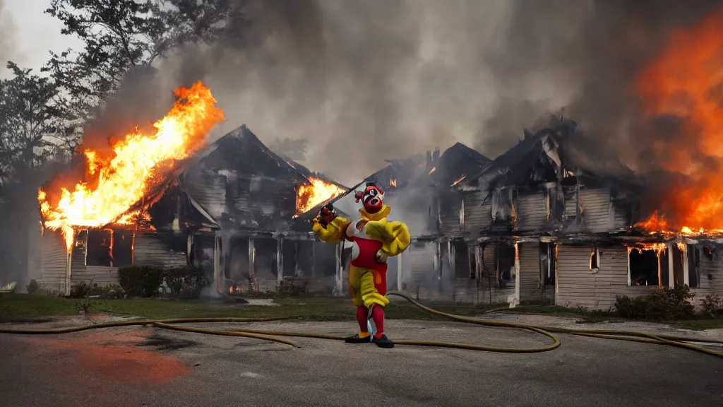 Prompt: photo of a clown using a flamethrower next to a house fire. Daylight. award-winning, highly-detailed, 8K