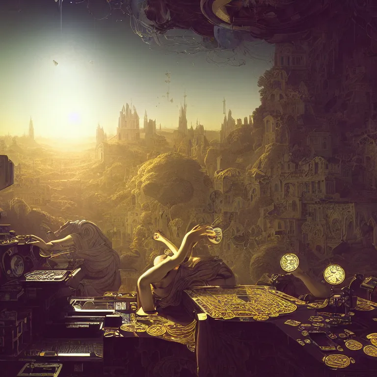 Image similar to motherboard, chip circuit, computer, dream - like atmosphere, baroque landscape painting, perfect composition, beautiful detailed intricate insanely detailed octane render trending on artstation, 8 k artistic photography, photorealistic, soft natural volumetric cinematic perfect light, chiaroscuro, award - winning photograph, masterpiece, raphael, caravaggio, greg rutkowski, beeple