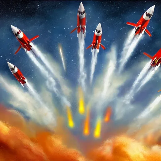 Prompt: a group of rockets taking off in the sky, realistic painting, high definition, digital art, matte painting, very detailed, realistic