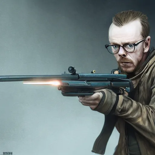 Image similar to simon pegg with winchester - rifle portrait, horror core, apocalyptic, sharp focus, fiction, hyper detailed, digital art, trending in artstation, cinematic lighting, studio quality, smooth render, unreal engine 5 rendered, octane rendered, art style and nixeu and wlop and krenz cushart