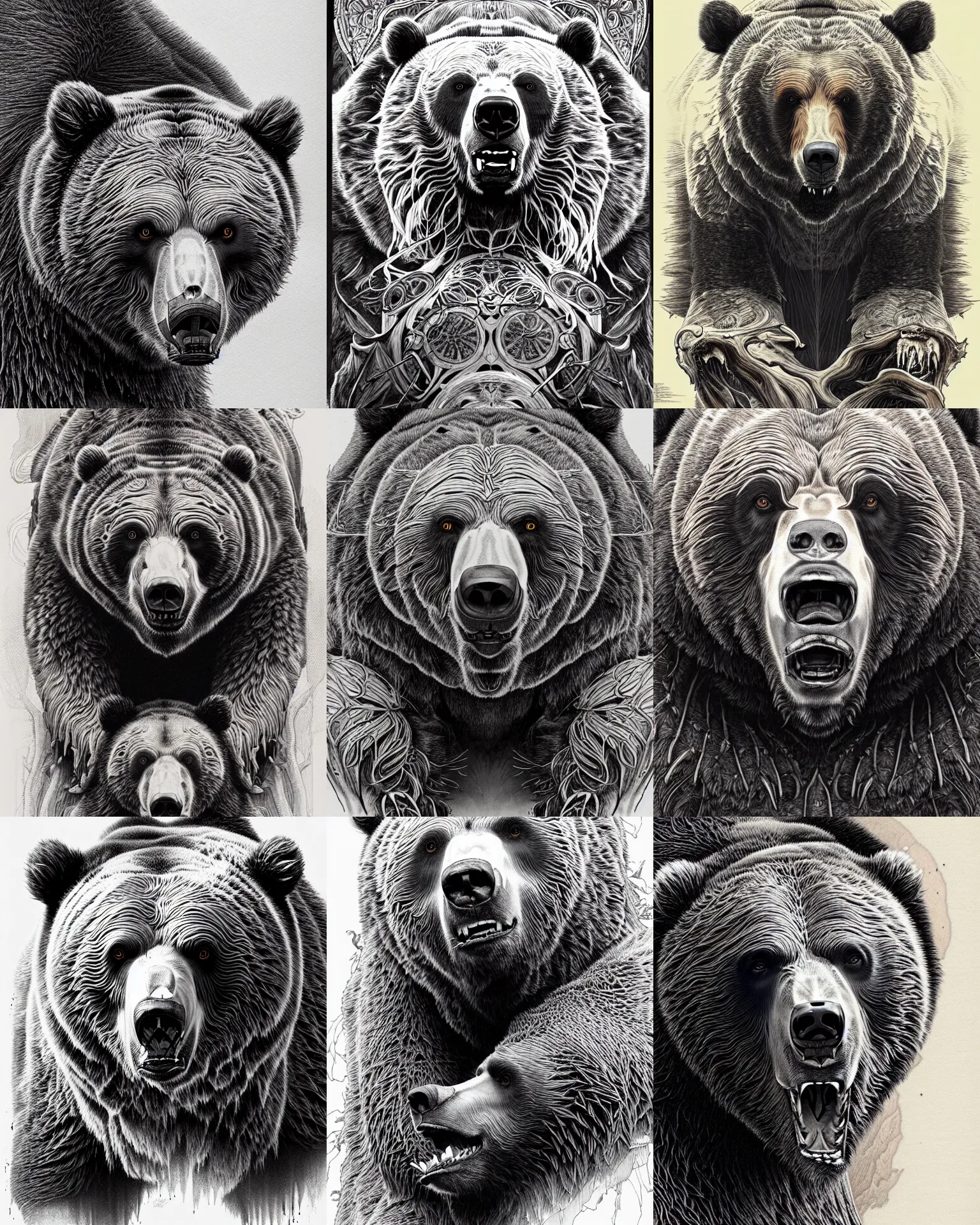 Prompt: grizzly bear line drawing detailed, intricate, hyperrealism, intense, scary, decay, dmt, art by brock hofer and artgerm and greg rutkowski and alphonse mucha