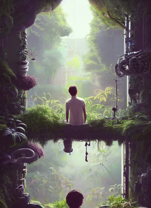 Prompt: lunarpunk portrait of a man looking out from his bedroom window to forest, city pop, au naturel, hyper detailed, digital art, trending in artstation, behance, deviantart, cinematic lighting, studio quality, smooth render, unreal engine 5 rendered, octane rendered, art style by pixar dreamworks warner bros disney riot games and ghibli studios