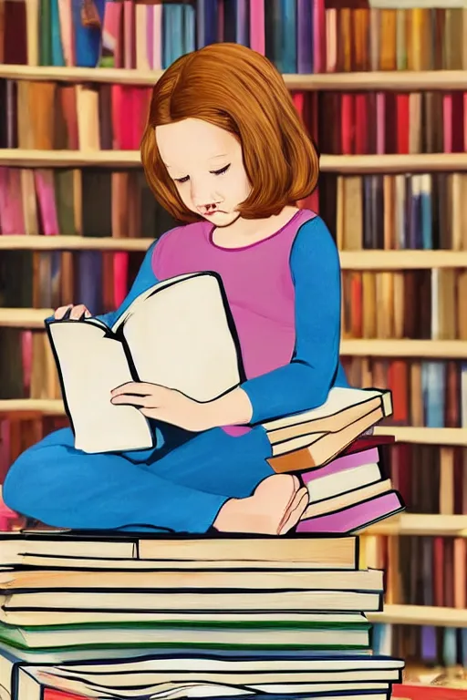 Image similar to a little girl sits cross legged on top of a tall pile of books. she is reading. clean elegant pretty cartoon painting, beautiful detailed face.