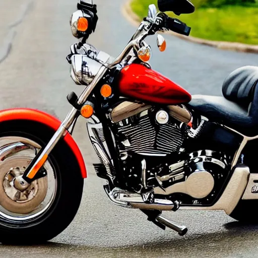 Prompt: a fat cat riding a harley davidson motorbike