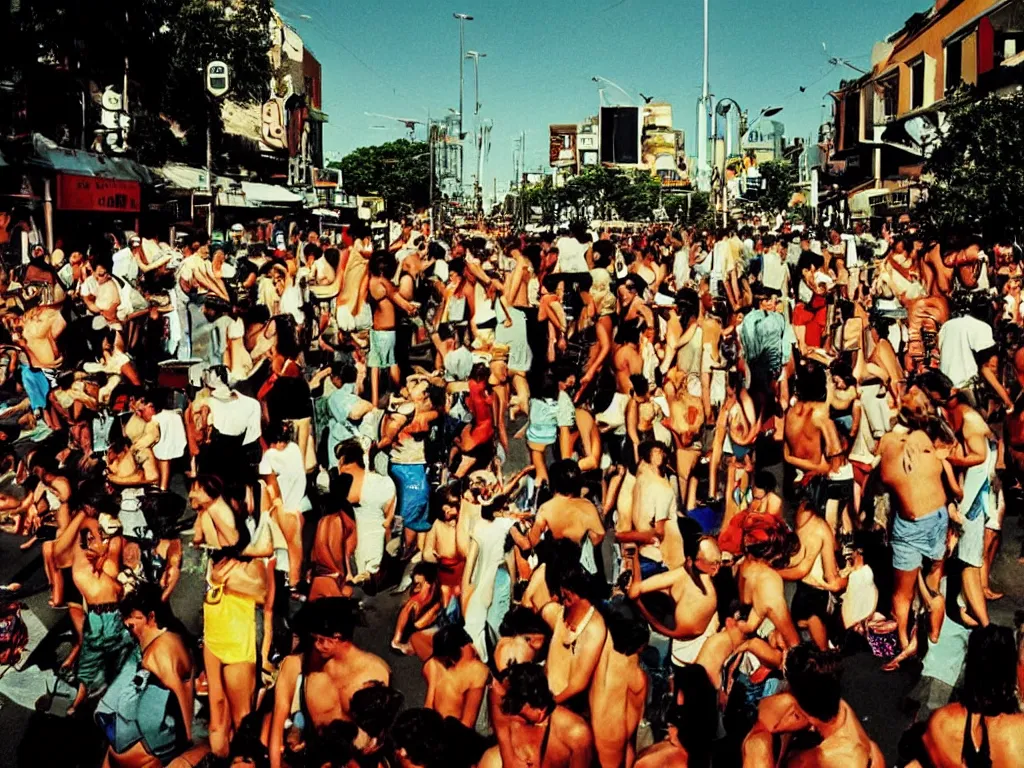 Prompt: color photography in a busy street in a heatwave, by trent parke and gruyaert