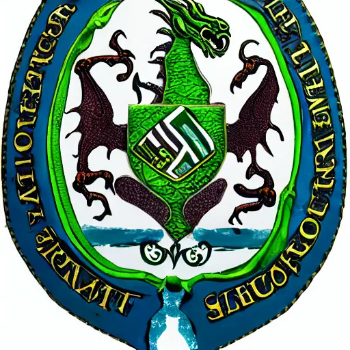 Prompt: coat of arms depicting a green sea dragon on a blue shield