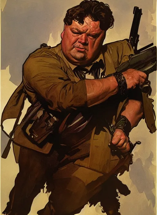 Image similar to gk chesterton as a buff action hero with muscles and a shotgun. portrait by james gurney craig mullins and alphonso mucha. realistic face. expressive.