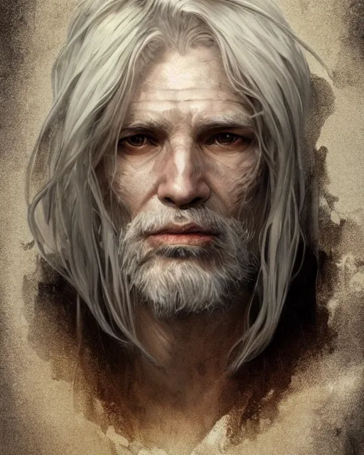 Image similar to portrait of 4 0 - year - old man with long white hair with a pale complexion, clear face, pointed face and grey eyes, hyper realistic face, beautiful eyes, fantasy art, in the style of greg rutkowski, intricate, alphonse mucha, hyper detailed, smooth