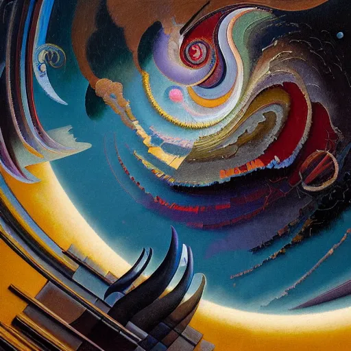 Prompt: Beautiful Caravaggio and kandinsky style art deco oil painting of detailed space maelstrom, highly detailed, Nigredo, dark enlightenment, alchemy, Art deco, Vibrant volumetric natural light In style of Josan Gonzalez and Mike Winkelmann and andgreg rutkowski and alphonse muchaand and Caspar David Friedrich and Stephen Hickman and James Gurney and Hiromasa Ogura.