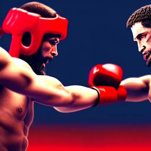 Image similar to Jesus fighting a demon in a boxing ring, photorealistic, 4K