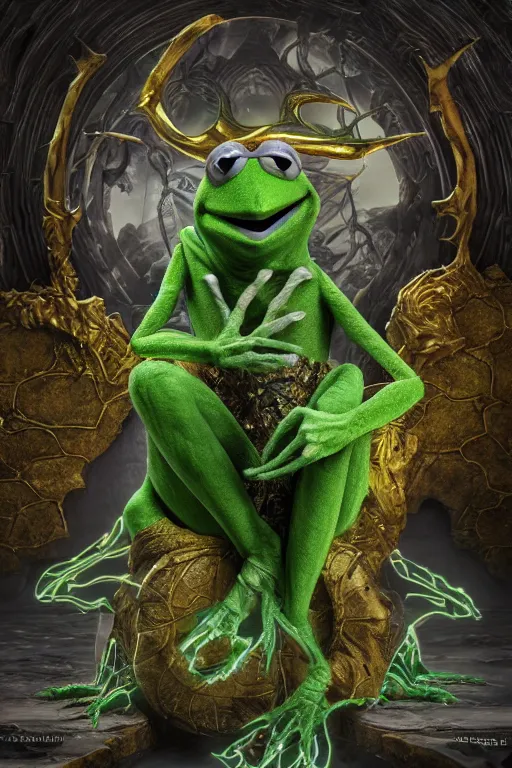 Image similar to an ultra detailed 3 d render of kermit the frog as an elden ring boss, epic anime fantasy, 8 k, in the style of a fantasy metal album cover and magic the gathering, volumetric lighting, smooth, highly detailed, digital illustration, octane render, art by albert bierstadt and greg rutkowsi, artstation