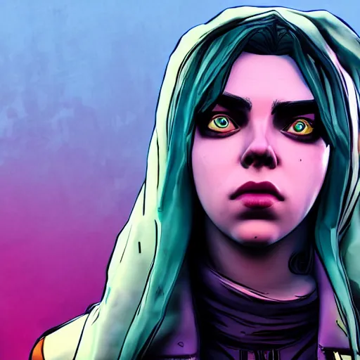 Prompt: billie eilish portrait, borderlands, tales from the borderlands, the wolf among us, comic, cinematic lighting, studio quality, 8 k