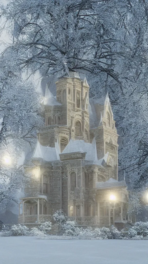 Prompt: a victorian castel covered in snow, winter wonderland, cinematic lighting, photo realistic, ultra realistic, ultra detailed,