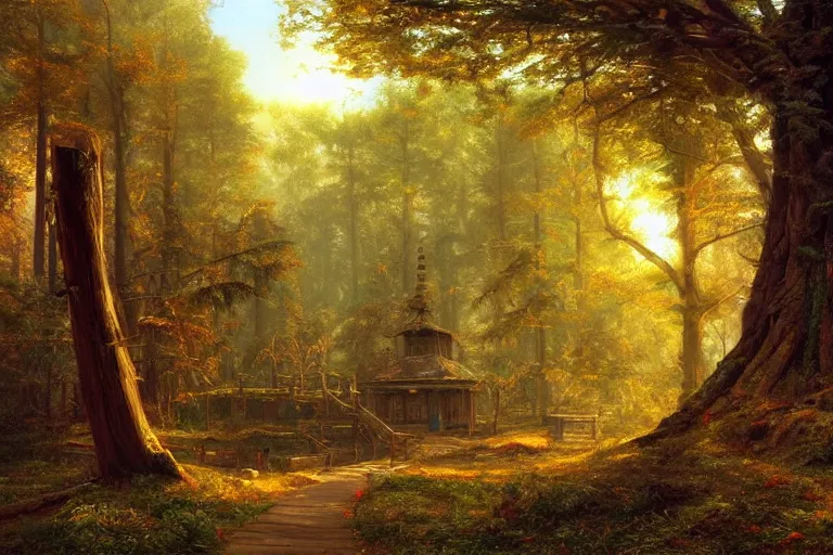 Image similar to wooden temple in the forest, very detailed, focused, oil painting, colorful, canvas, artstation, Vsevolod Ivanov, Albert Bierstadt