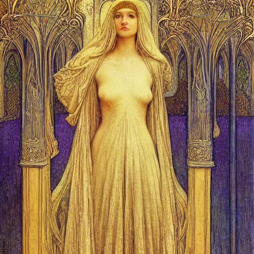 Prompt: beautiful young medieval queen by jean delville, art nouveau, symbolist, visionary