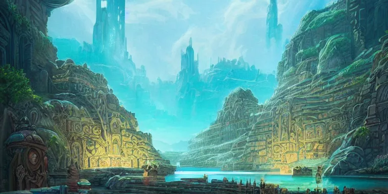 Image similar to a beautiful painting of the lost city of atlantis by amir zand and dan mumford ; trending on artstation, conceptartworld, hd, 8 k, 4 k, high def