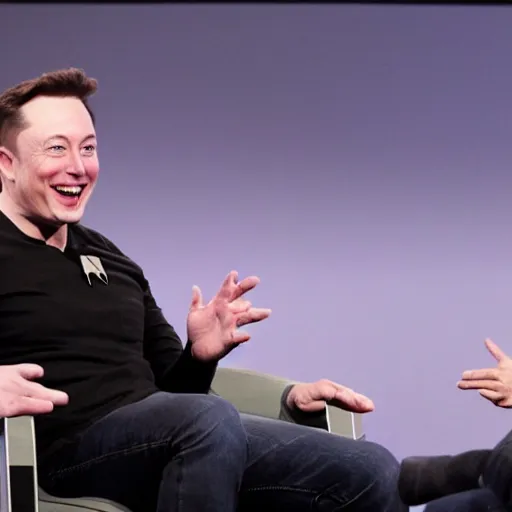 Image similar to Star Trek Episode of Elon Musk talking to Jeff Bezos, laughing, photograph
