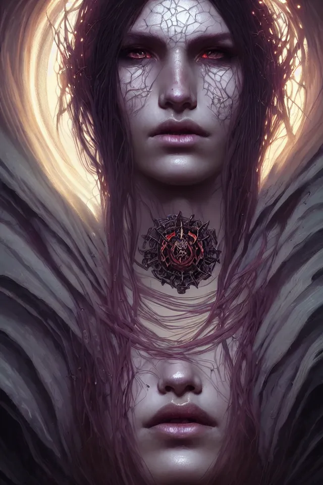 Image similar to Necromancer Sorceress face close-up macro in center, fantasy magic, undercut hairstyle, dark light night, intricate, elegant, sharp focus, illustration, highly detailed, digital painting, concept art, matte, art by WLOP and Artgerm and Greg Rutkowski and Alphonse Mucha, masterpiece