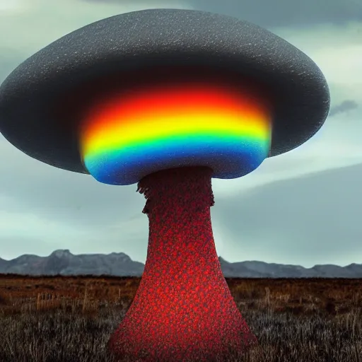 Prompt: a rainbow nuclear mushroom cloud in wastelands, detailed, trending on artstation, by mumford and sons