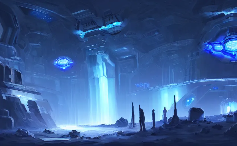 Image similar to futuristic factory in a dark cave, blue crystals, halo, star craft, concept art, mate painting, artstation