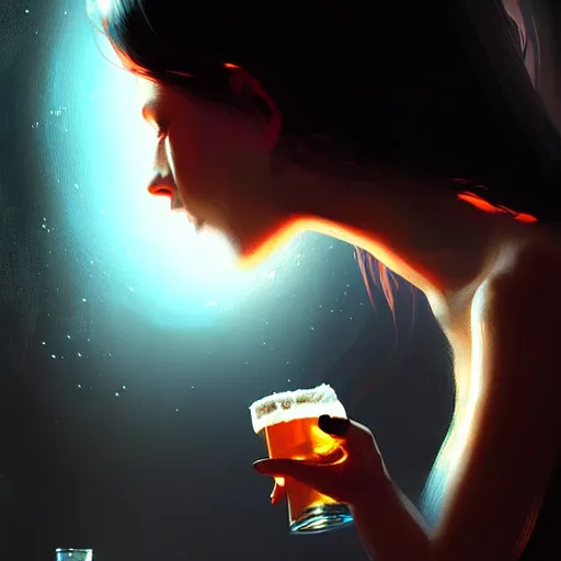 Image similar to a girl drinking beer in black hole, detailed digital art by greg rutkowski.