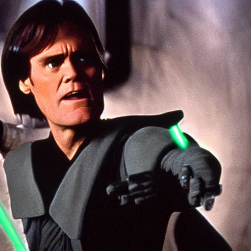 Image similar to jim carrey as a jedi in star wars a new hope, 4 k hd film still