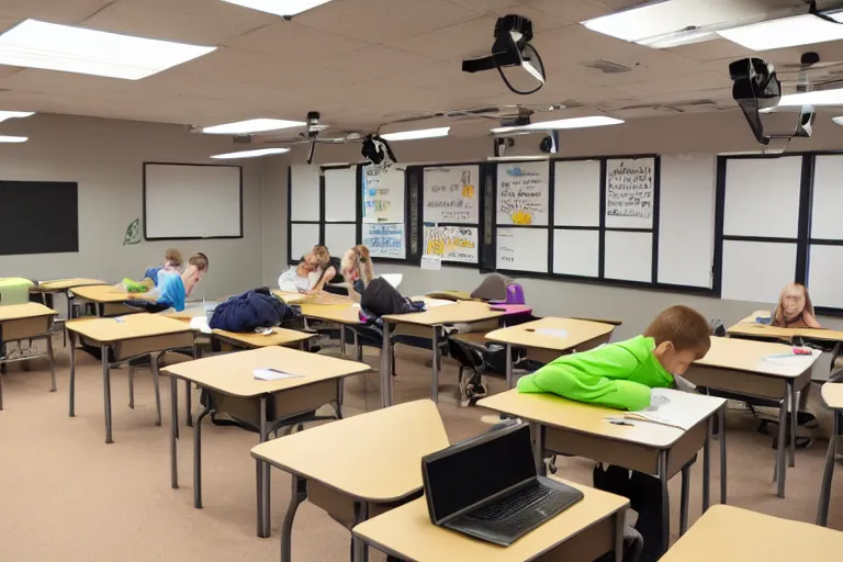 Prompt: Tiny classroom with desks and blackboard, ants as students sitting in the desks, macro photography