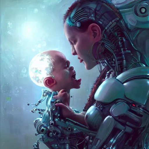 Prompt: stunning portrait of unborn baby argonaut Orpheus singing to Mother Earth, painting by Raymond Swanland, cyberpunk, sci-fi cybernetic implants hq