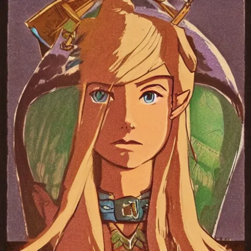 Prompt: Zelda from Legend of Zelda: Breath of the Wild, 1970's grainy vintage illustration