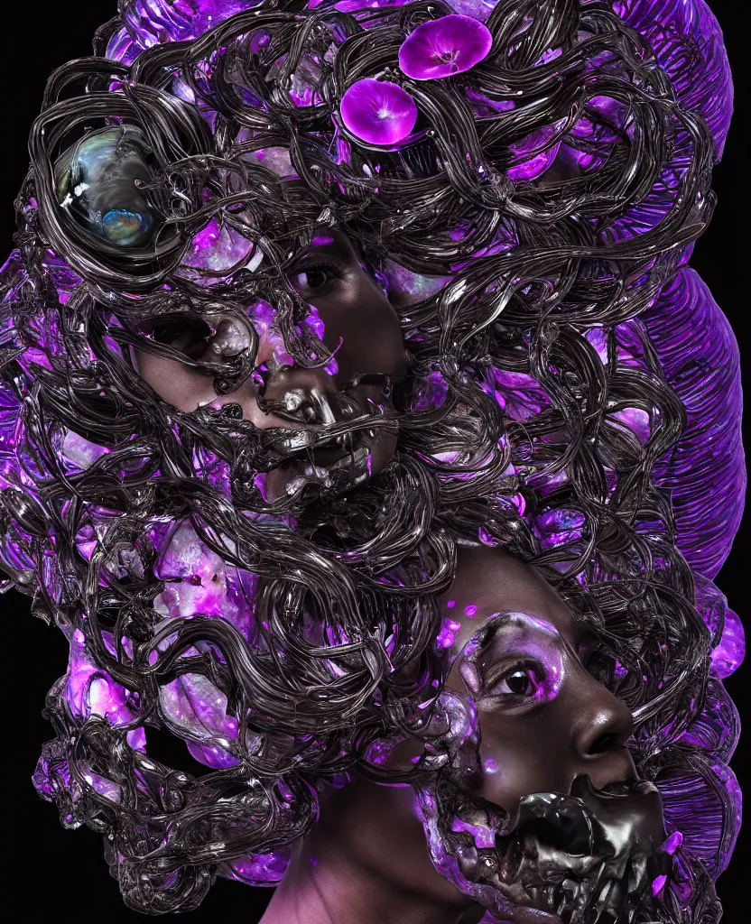 Image similar to fully black background. background hex 000000. goddess princess face close-up portrait ram skull. made of dichroic obsidian. jellyfish phoenix head, nautilus, orchid, skull, betta fish, bioluminiscent creatures, intricate artwork by Tooth Wu and wlop and beeple. octane render, trending on artstation, greg rutkowski very coherent symmetrical artwork. cinematic, hyper realism, high detail, octane render, 8k