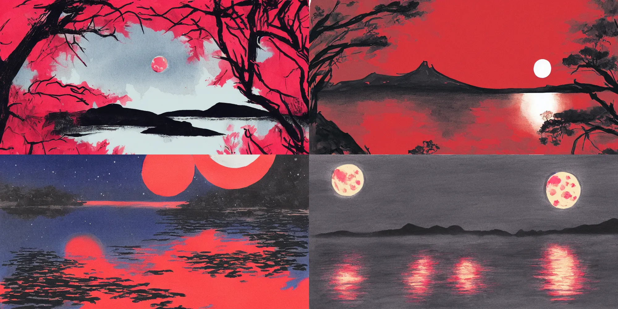 Image similar to the moon shining on a lake at night, scarlet colour splash, painted a thin brush, detailed sumi-e illustration
