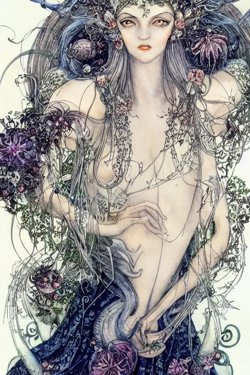 Image similar to dark fairy queen closeup face surrounded by floral frame, art by luis royo and walter crane and kay nielsen, watercolor illustration,