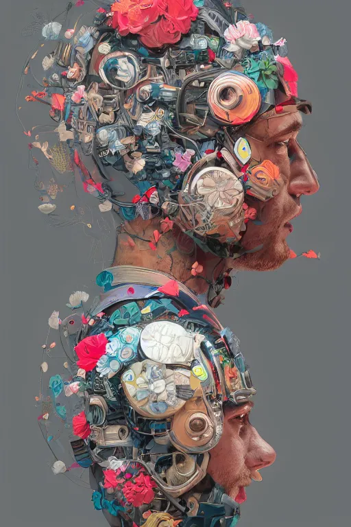 Prompt: a man wearing a helmet with flowers on it, cyberpunk art by James Jean, cgsociety, generative art, made of flowers, made of plastic, made of cardboard