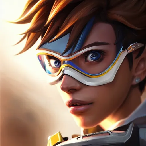 Image similar to tracer overwatch portrait, close up, concept art, intricate details, highly detailed photorealistic portrait by michael komarck, joel torres, seseon yoon, artgerm and warren louw