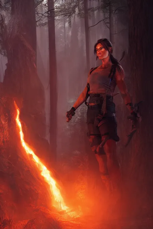 Prompt: Lara Croft, magical, forest, evening, orange mist, Tomb Raider, symmetrical face, large eyes, hyper realistic, digital art, octane render, trending on artstation, artstationHD, artstationHQ, unreal engine, 4k, 8k