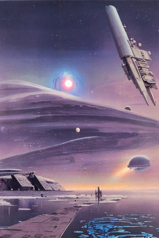 Prompt: a spaceport in an icy lake landscape, cosmic sky sci - fi vivid by bruce pennington