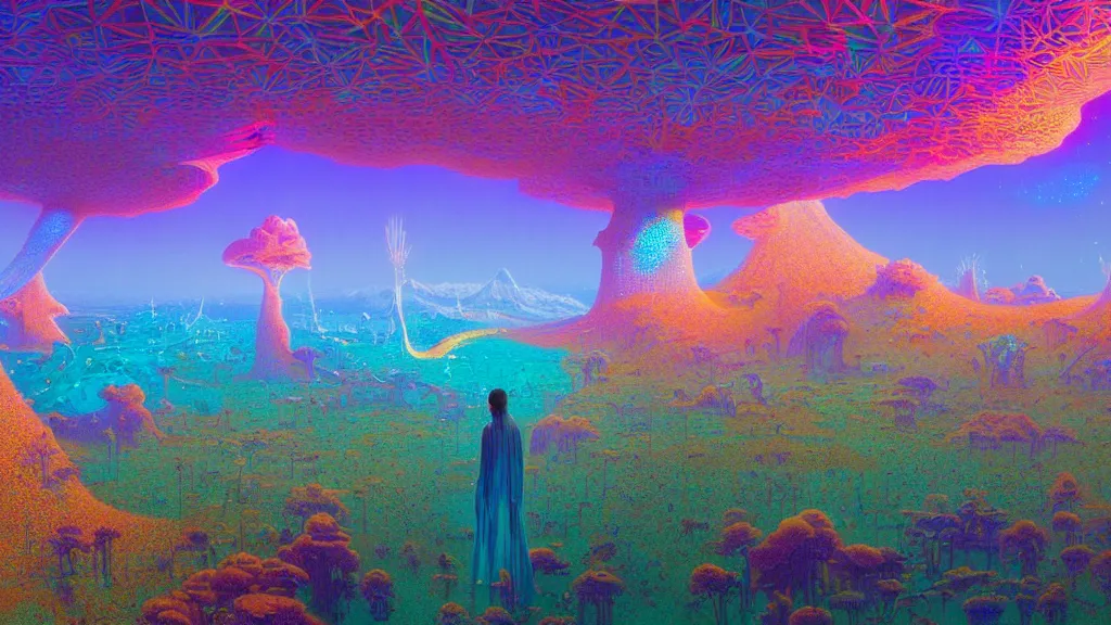 Prompt: highly detailed holographic iridescent sci fi world with forests deserts and oceans, by gilbert williams, by simon stalenhag, by beeple, by bruce pennington, by james jean, by moebius, featured in juxtapoz, mixed media, dynamic composition, octane render, with many different pastel shades of blue pink orange yellow green, beautiful lighting