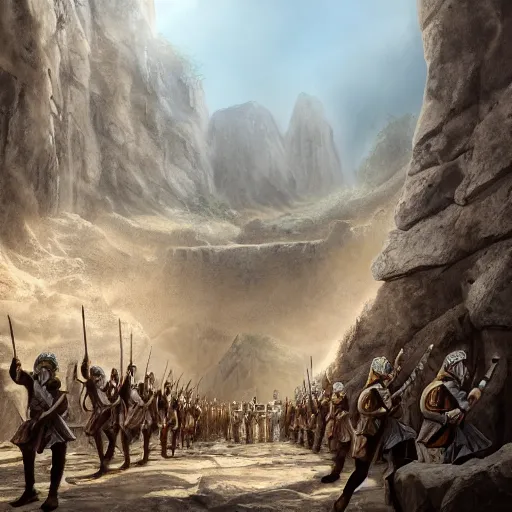 Image similar to Matte painting of a row of men in Biblical outfits marching in front of the walls of Jericho. People are standing on the walls looking down at them. sunrise, epic, cinematic lighting, detailed digital art trending in artstation