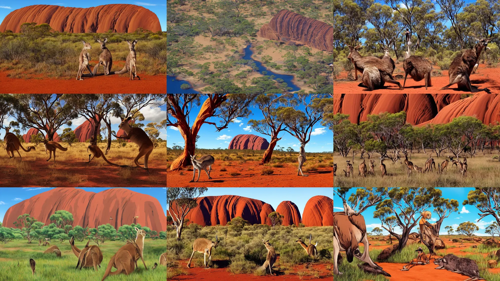 Prompt: australia inspired anime, outback, uluru, kangaroos