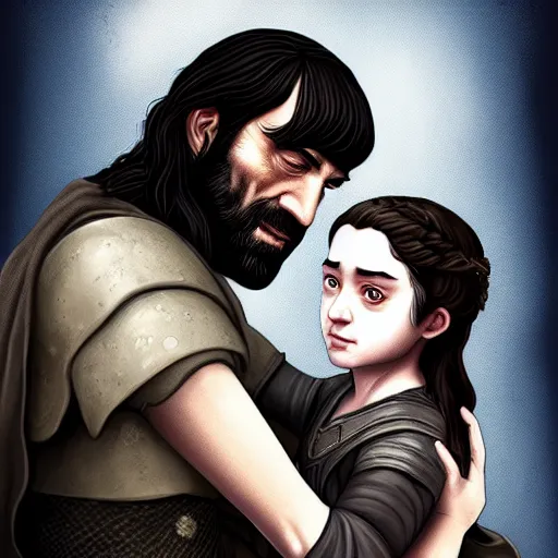 Image similar to Game of Thrones Arya and the Hound by Arnold Tsang, Trending on Artstation