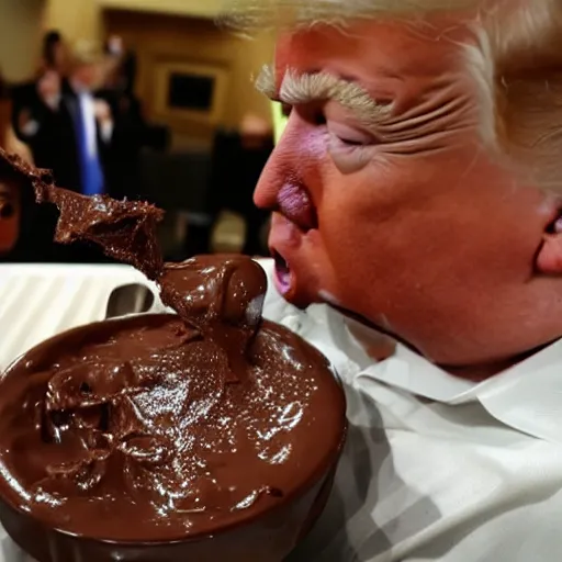 Image similar to crying donald trump in a highchair with chocolate pudding all over his face, gettyimages,