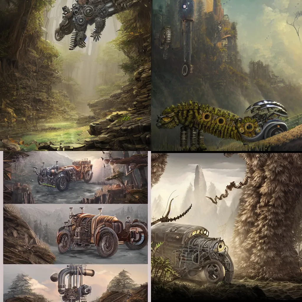 Prompt: Highly Detailed digital illustration about the beauty of nature in a dieselpunk world where all animals have been replaced by mechanical beasts. Trending on Artstation