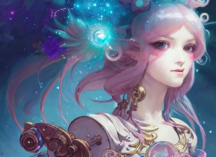 Prompt: close up picture of an maximalist dress magical girl, neat hair with bangs, slightly smiling, extremely beautiful and aesthetic and detailed cute face and eyes, wipe out evils with cute astronaut familiar sprites, aming the magical beams, chiaroscuro, intricate, masterpiece, fantasy illustrations by peter mohrbacher and anato finnstark and jeremy lipking
