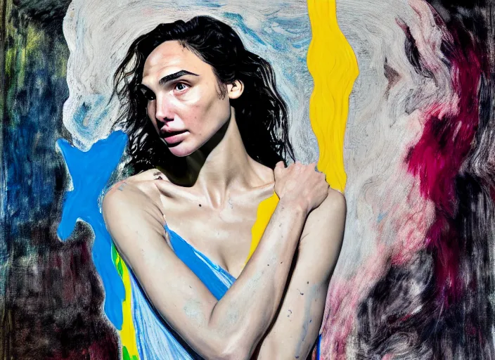 Prompt: portrait of gal gadot in tears, by vincent lefevre and hernan bas and pat steir and hilma af klint, psychological, photorealistic, dripping paint, washy brush, rendered in octane, altermodern, masterpiece