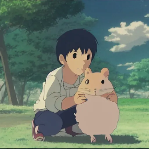 Image similar to A story about a kid and his hamster, by Dice Tsutsumi, Makoto Shinkai, Studio Ghibli