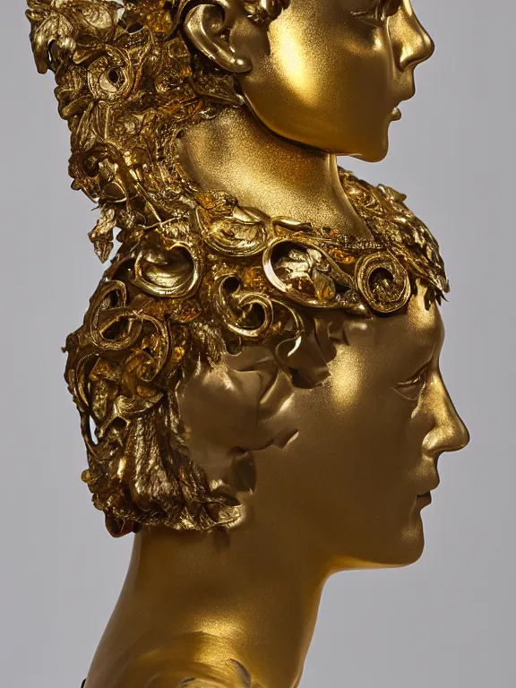 Image similar to a backlit art nouveau marble head and torso sculpture of a worried young audrey hepburn, wearing intricate gold plate armor on her chest and a golden helmet, delicate, intricate, smooth, beautiful, glowing, by charles van der stappen