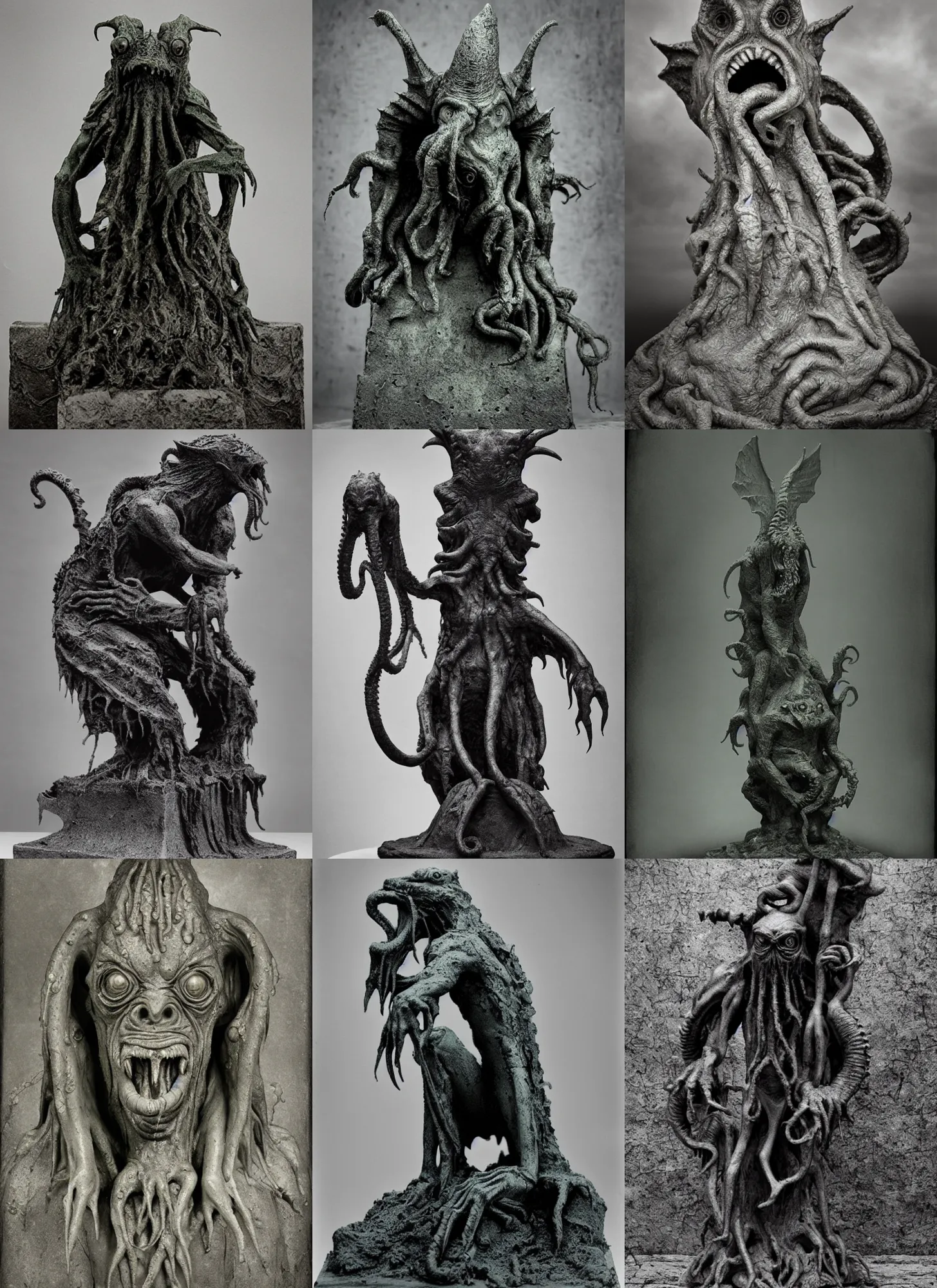 Prompt: wet plate photography, cthulhu gargoyle statue, beksinski