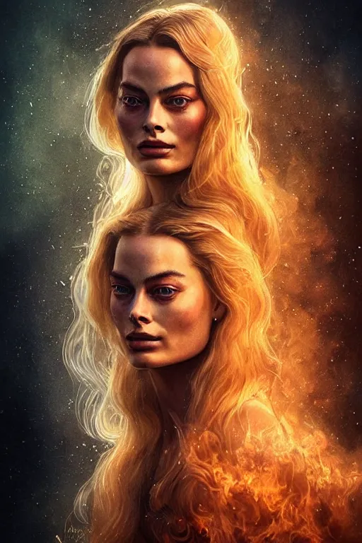 Image similar to majestic and regal portrait of a beautiful young margot robbie fire goddess!!, intricate, epic, elegant, menacing, fantasy, highly detailed, digital painting, hard focus, beautiful volumetric lighting, epic light, ultra detailed, souls, smoke, by leesha hannigan, ross tran, thierry doizon, kai carpenter, ignacio fernandez rios